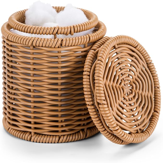 Rattan Q-tip Holder with Lid, Cotton Swab Canister for Bathroom | Large storage capacity for floss picks & makeup pads,Handcrafted rattan texture elevates bathroom decor