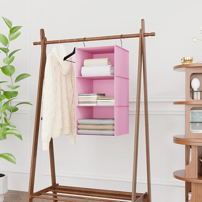 Hanging Closet Organizer 3-Shelf, Oxford Fabric Wardrobe Storage, Pink | Easy-mount foldable design holds clothes, handbags, shoes & accessories; washable Oxford fabric, sturdy and space-saving.