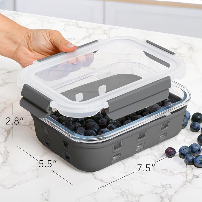 ECOBERI Glass Meal Prep Containers with Silicone Sleeves, 5 Piece 4.5 Cup Set, Borosilicate Glass Food Storage with Leak-Resistant Lids, Oven, Microwave, Freezer and Dishwasher Safe.
