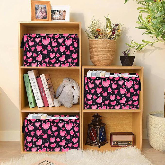 MAIZMZ Empty Gift Basket for Girls Heart Print Storage Cube for Women, Closet Shelf Waterproof Organizer Bins with Handles Nursery hamper Kids Toys Books Box Room Deco