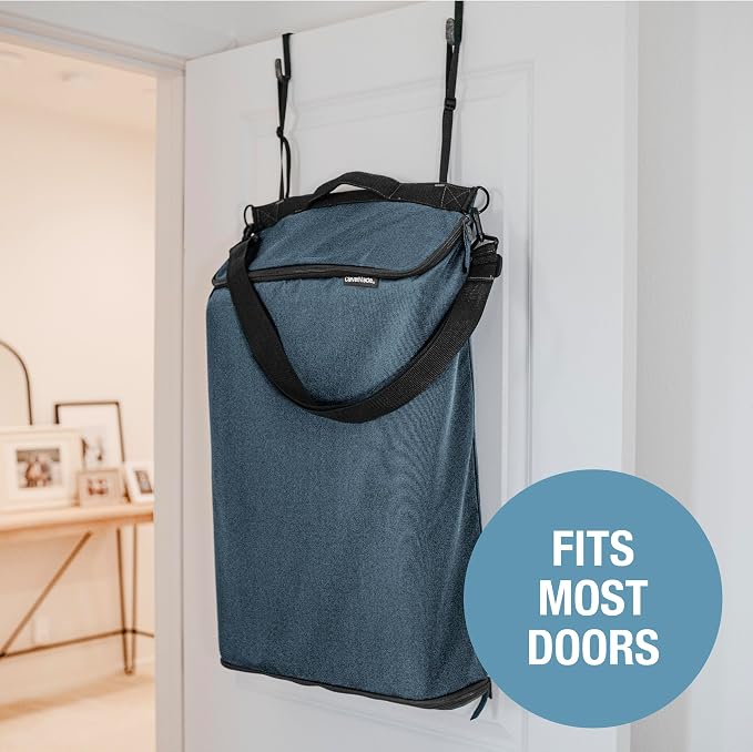 CleverMade Convertible Hanging Laundry Hamper, 21.5L, Over-the-Door, Ocean | Bottom zipper, removable carry strap and door hooks simplify unloading and hauling in dorms, bedrooms, bathrooms and RVs
