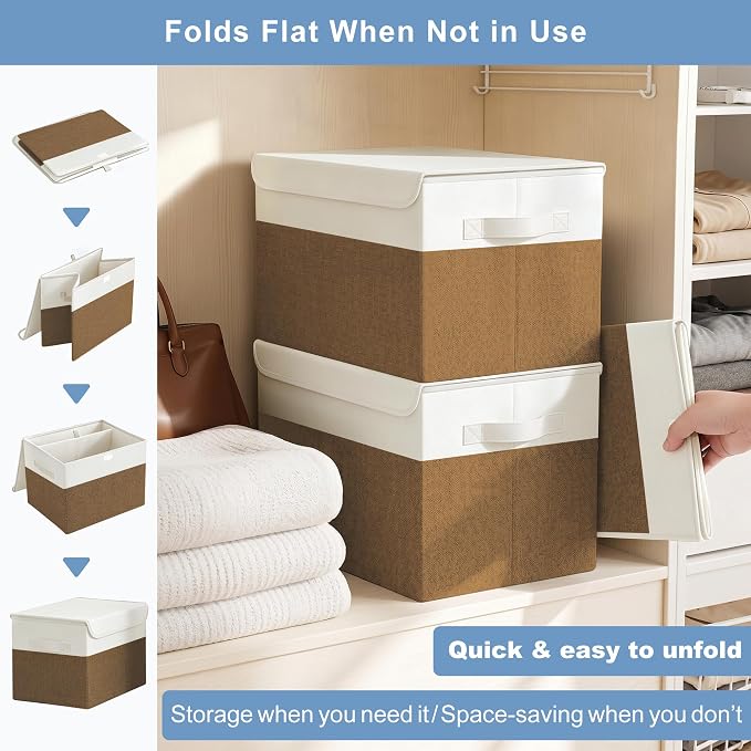 Bagnizer Large 22 Quart Linen Fabric Foldable Storage Bin Cube Organizer Basket with Flip-Top Lid & Handles, Clothes Blanket Box for Home, Office, Closet, Brown & White, 4 Pack 14.6 x 9.5 x 9.5