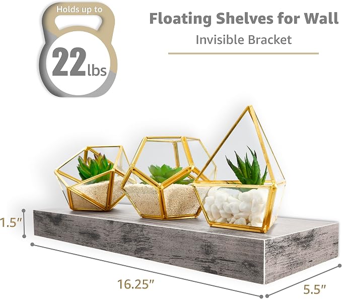 Sorbus Floating Shelves for Wall – 16 Inch Floating Shelf for Kitchen, Bedroom, Living Room, Bathroom, Home & Wall Decor - Mounted Bathroom Shelves with Invisible Brackets (Grey, 4 Pack)