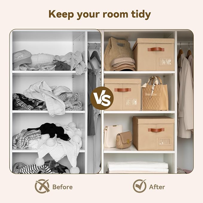 GRANNY SAYS Storage Bins with Lids, Storage Baskets for Linen Closet Shelves, Decorative Storage Boxes, Clothes Storage and Organization for Organizing, 3-Pack, Large, Brown