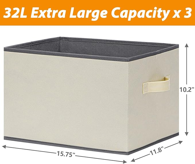 Extra Large Fabric Storage Baskets for Shelves 3 Pack, 15.75x11.8in Closet Storage Bins for Shelves, Cloth Baskets for Organizing, Linen Closet Organizers, Beige