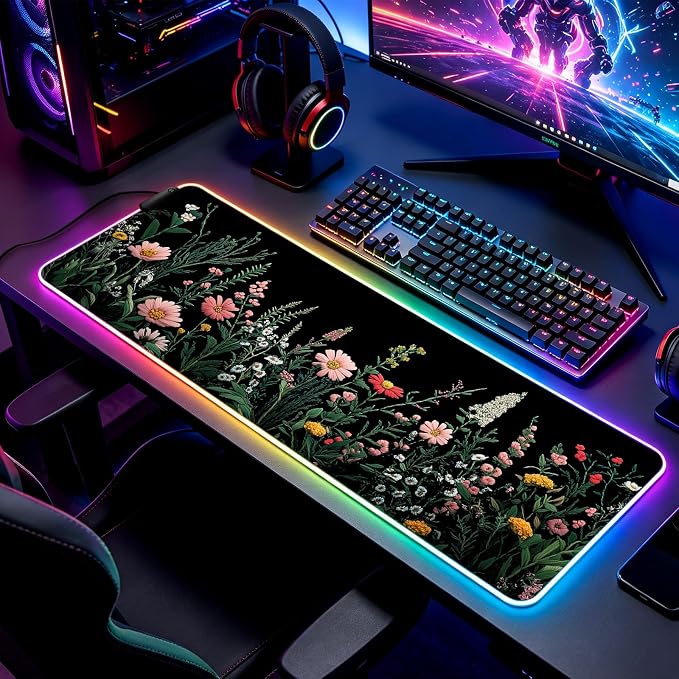 RGB Pretty Wildflower Gaming Desk Mat, Computer Keyboard Large Extended Flowers LED Mouse Pad for Office and Home, 31.5×11.8 Inches, XL
