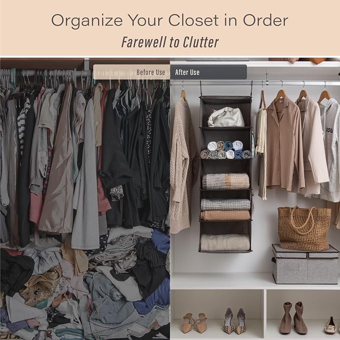 StorageWorks Hanging Closet Organizer, 5-Shelf Hanging Shelves with 2 Hooks, Foldable Space-Saving Design, Closet Organizers and Storage for Bedroom, Dorm, Locker, Gray