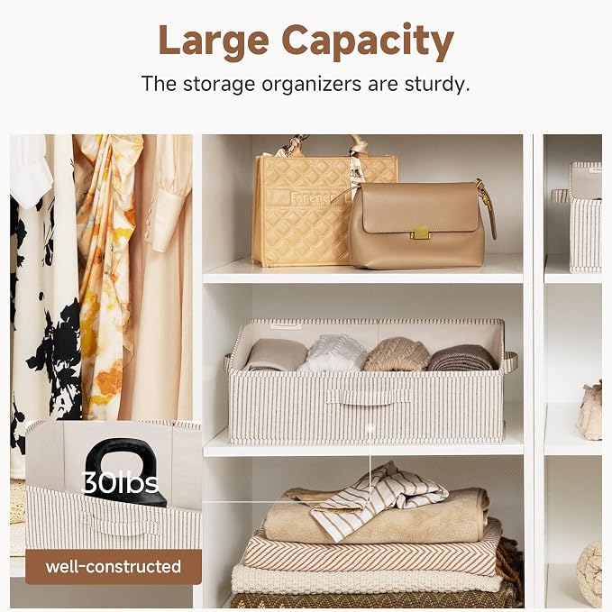 StorageWorks Closet Storage Bins, Trapezoid Organizer Box for Shelves, Fabric Clothes Bin, Foldable Organizing Baskets with Handles, Large, Khaki and Beige Stripes, 3-Pack
