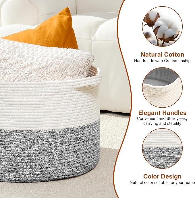 Foldable Laundry Hamper Basket with Collapsible Handle Cotton Rope Soft Woven Fabric Storage Organizer Clothes Toys Nursery Bedroom Dorm Space Saving Bin (White & Light Grey, 115L(23.6"D x 15.7"H))