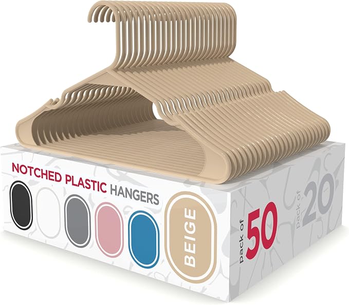 Sharpty Plastic Hangers Clothes Hangers for Clothing, Closet, Coats & Shirts - Notched, Durabl & Space Saving - for Everyday Standard Use, Room Essentials & Basics - 50 Pack - Beige