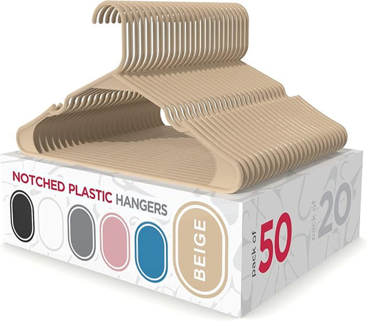 Sharpty Plastic Hangers Clothes Hangers for Clothing, Closet, Coats & Shirts - Notched, Durabl & Space Saving - for Everyday Standard Use, Room Essentials & Basics - 50 Pack - Beige
