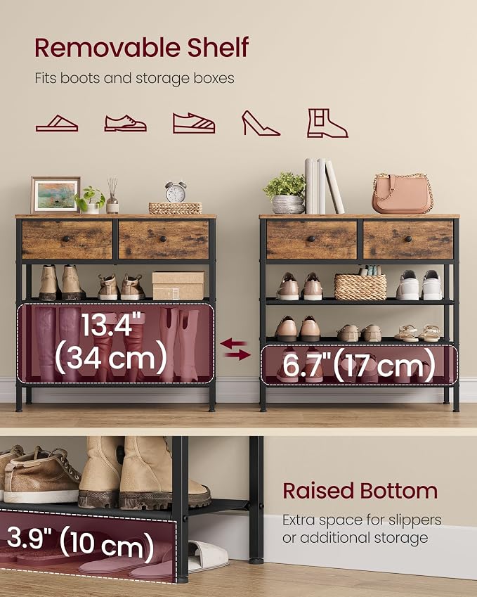 VASAGLE Shoe Rack, 4 Tier Shoe Storage Rack with 2 Fabric Drawers, Shoe Organizer for Entryway, with 3 Fabric Shelves and Wooden Top, Steel Frame, Modern Basic, Rustic Brown ULBS235KD01