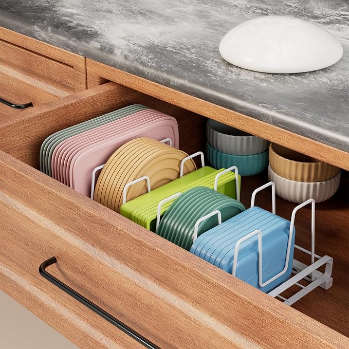 Food Container Lid Organizer, Adjustable 6 Dividers Full-Metal Pot and Pan Organizer Rack for Kitchen Cabinets, Drawers, Cupboards, Pantry Shelves Storage, White