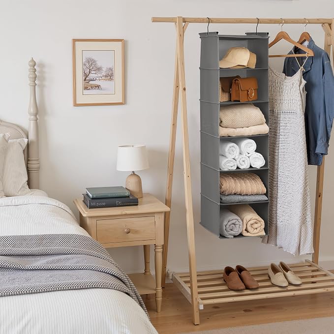 GRANNY SAYS 6 Shelf Hanging Closet Organizers and Storage, Collapsible Closet Hanging Organizer with 2 Sturdy Hooks, Large Hanging Shelves for Closet, Bedroom, Dark Gray