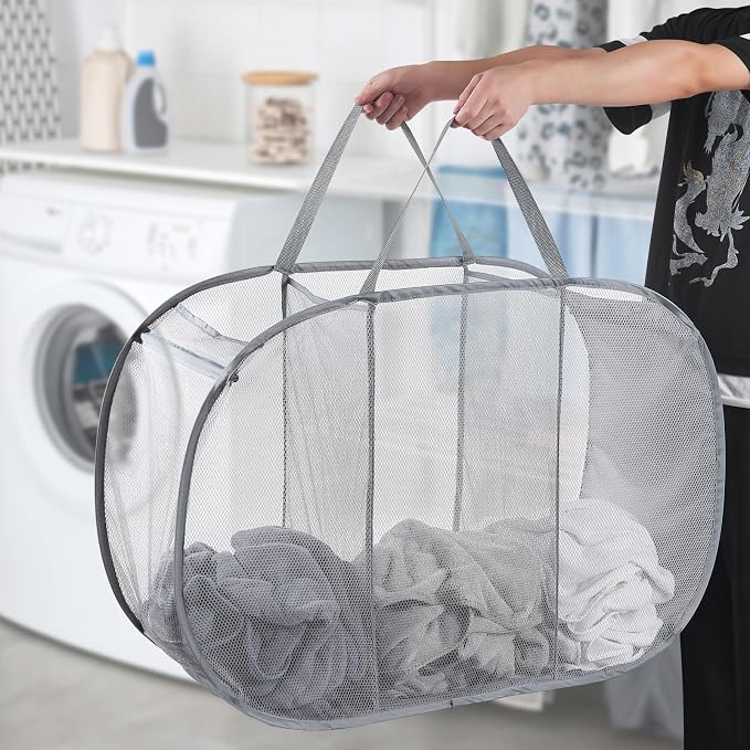 Seiritex Mesh Popup Laundry Hamper 3 Compartment Sortable Horizontal Collapsible Laundry Basket for Clothes Laundry Room Bedroom Toys Travel (Gray)