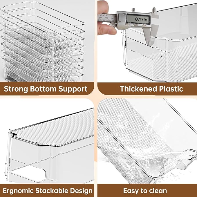 Clear Fridge Organizer, Refrigerator Organizer Bins with Handle, Freezer, Kitchen Cabinet, Pantry Organization, BPA Free Fridge Organizers (12.4 inch 6 Pack)