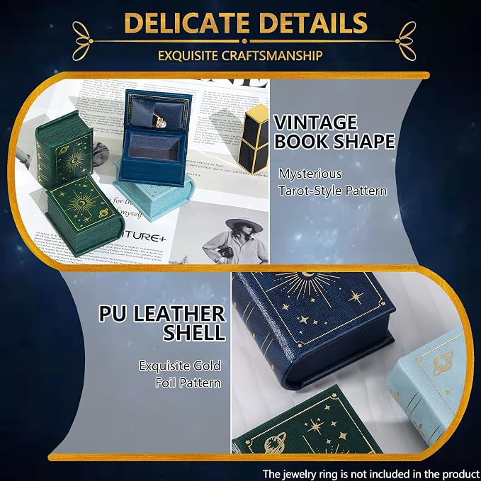 Vintage Magic Book-Shaped Ring Box Starry Sky Pattern PU Leather with Magnetic Closure for Proposal Engagement Gift (Sky Blue)
