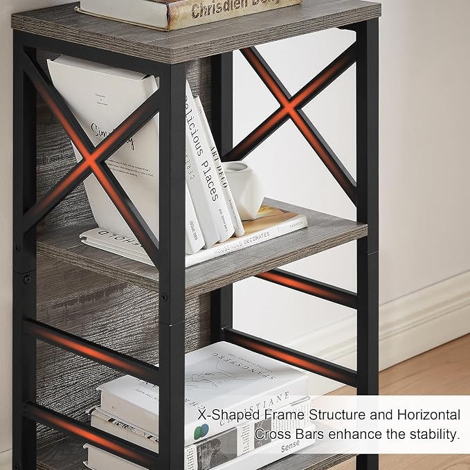 MNEETRUNG Small Bookcase,3 Tier Industrial Bookshelf with Metal Frame and Backboard,Low Grey Book Shelf,Book case for Small Spaces,Living Room,Bedroom and Home Office