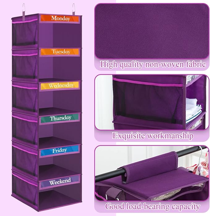 Amylove 2 Pack 6 Shelf Weekly Clothes Organizer for Kids with Side Pocket, 47 Inch Days of the Week Clothes Organizer, Monday to Friday Daily School Outfits Clothing Divider for Kids(Purple)