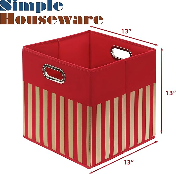 Simple Houseware 13-Inch Collapsible Fabric Cube Storage Bin with Handles, Printed Design, 3 Pack, Red