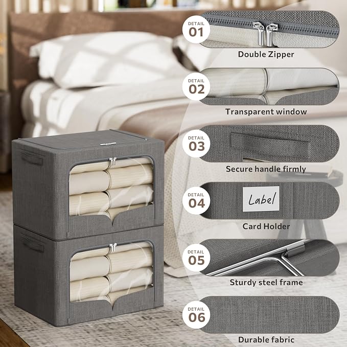 FHSQX 3 Pack Clothes Storage Bins with Metal Frame | Dark Gray, 19.7x15.7x13inch (66L) Foldable , Stackable, Linen Fabric, Carrying Handles, Clear Window