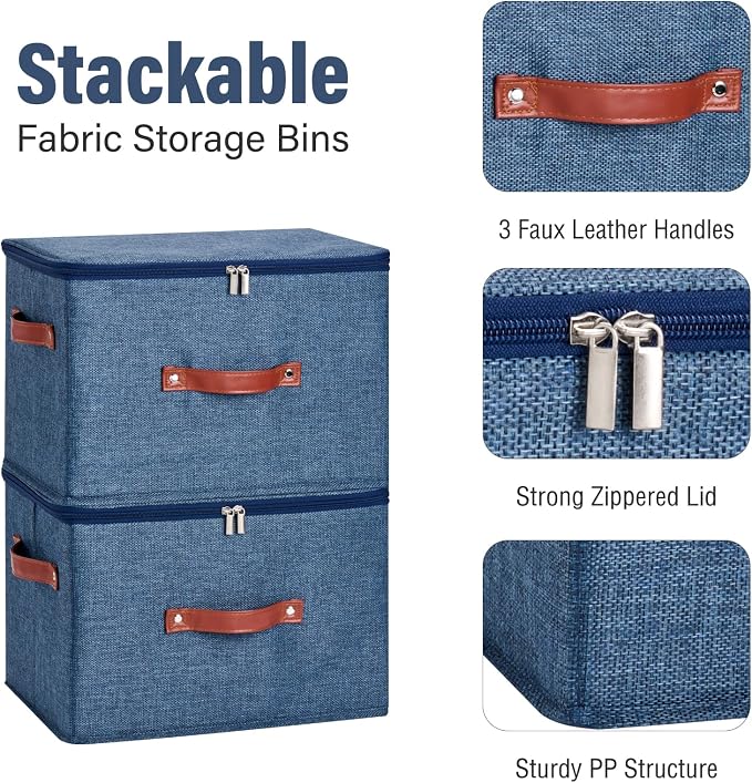3PCS Storage Bins Boxes with Zippered Lids Cotton Linen Fabric Decorative Basket PU Leather Handles PP Plastic Board Foldable Lidded Shelf Closet Organizer Container (Denim Blue, Large)