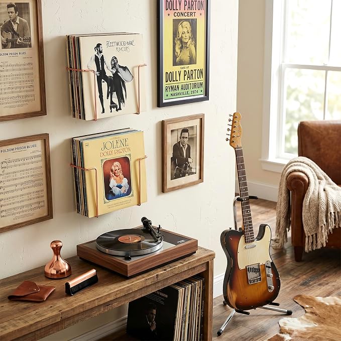 MyGift Modern Metal Wire Wall Mounted Vinyl Records Storage Racks, Hanging LP Record Holders, Floating Album Cover Display Shelves, Set of 2 (Modern Copper-2 Pcs)