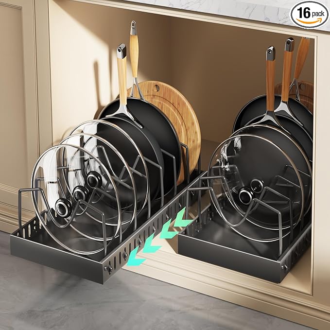 Lozovin Pull Out Pots and Pans Organizer Under Cabinet, Sliding Lid Holder and Pan Rack in Kitchen, Slide Out Inside Cabinet Storage for Pot Lid, Bakeware, Dishes, 8 Adjustable Dividers, 2 Pack Black