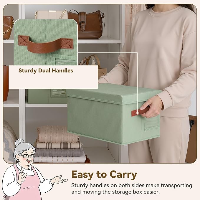 GRANNY SAYS Storage Basket with Lid, Linen Fabric Storage Bins with Label, Decorative Storage Boxes, Clothes Storage and Organization, Memory Keepsake Box, 3-Pack, Green