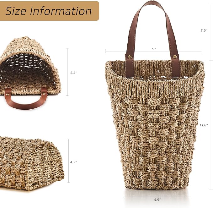Woven Front Door Basket Seagrass Wall Hanging Basket Decorative Boho Mounted Organizer for Dried Flower Plants Storage Basket for Garden, Home, and Farmhouse Décor
