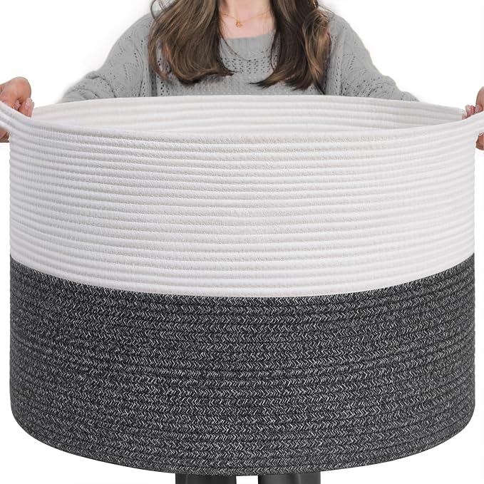 INDRESSME XXXLarge Cotton Rope Basket 21.7" x 21.7" x 13.8" Woven Baby Laundry Baskets Blanket Basket Toy Baskets with Handle Storage Comforter Cushions Gray Laundry Hamper