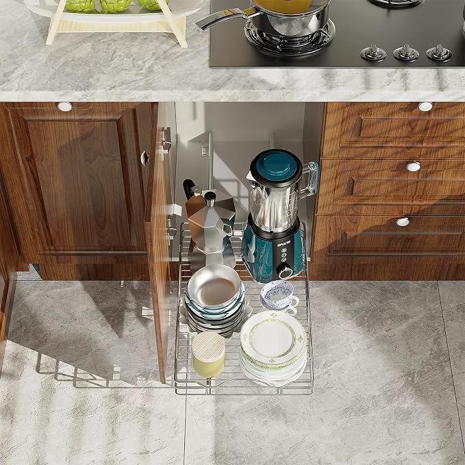 LOVMOR Pull Out Cabinet Organizer and Storage 14" W x 18" D, Slide Out Shelves for Kitchen Cabinets