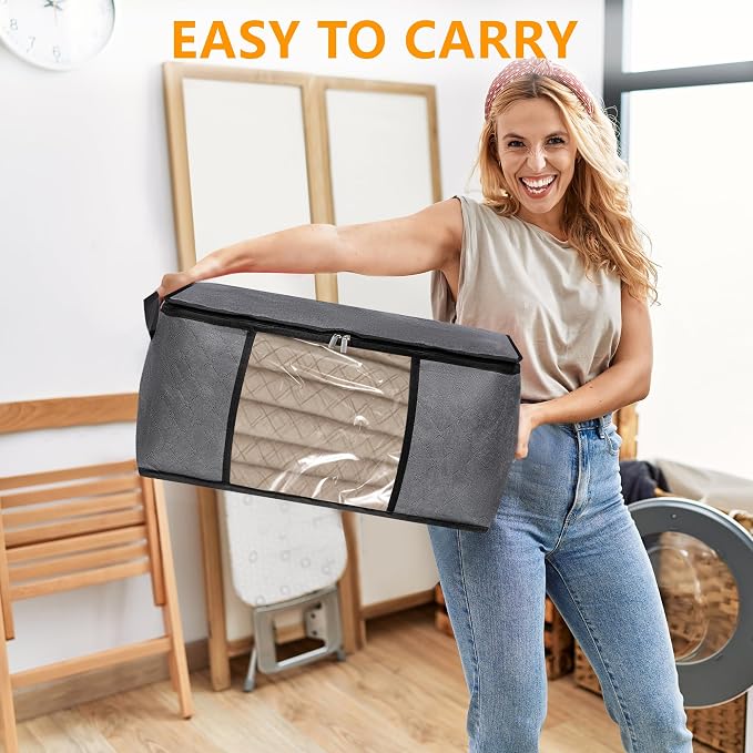 BiCINE 6 Pack Clothes Storage Bags with Zipper, Foldable Blanket Storage Box with Clear Window Reinforced Handles for Closet, Dorm, Pillows, Bedding, Sheet, Comforter, 45L Gray