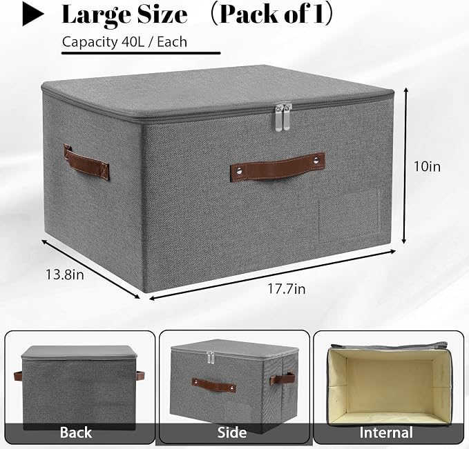 ANMINY Storage Bins with Zipper Lid Storage Boxes with Label Holder PU Leather Handles Washable Foldable Decorative Lidded Cotton Linen Fabric Cubes Baskets Closet Organizer - Gray, Large
