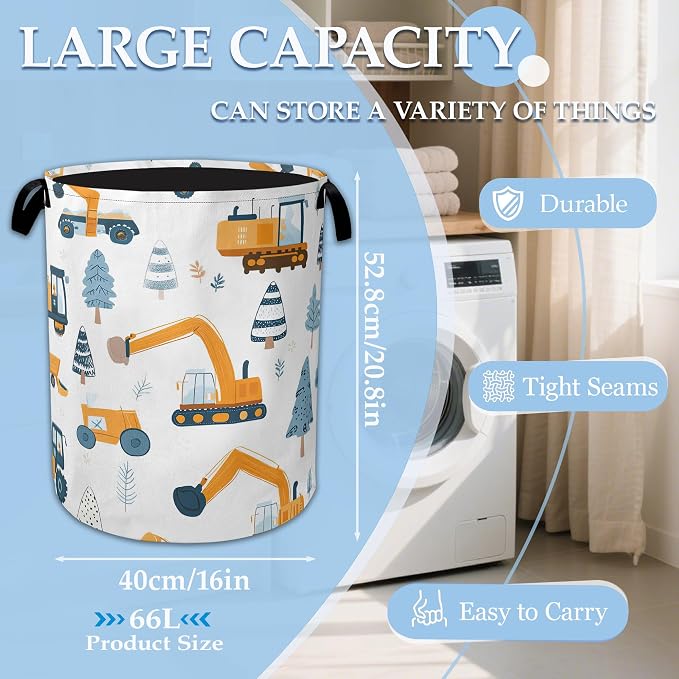 Cartoon Excavator Laundry Basket Collapsible Laundry Hamper Clothes Storage Bin for Bathroom Bedroom Room Decor 16" X 20.8"