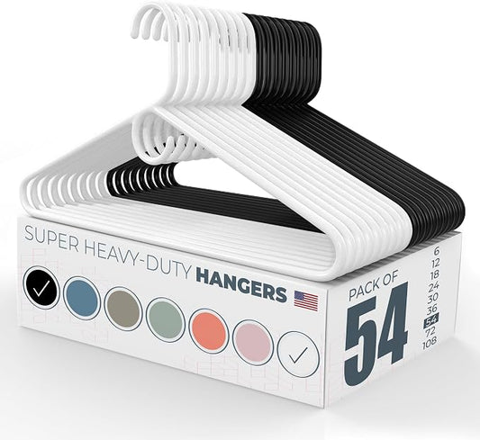 Super Heavy Duty Clothes Hangers 50 Pack (54 Count) – Made in the USA - 10lb Capacity, Thick Plastic Hangers for Pants, Coats, Jackets, Jeans and Adult Clothing – White & Black