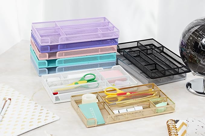 Annova Desk Drawer Organizer Tray for Office Organization - Metal Mesh - Storage Tray with Dividers for Pens, Desktop Accessories, Bathroom, Kitchen, Makeup and Office Supplies (Small, Light Pink)