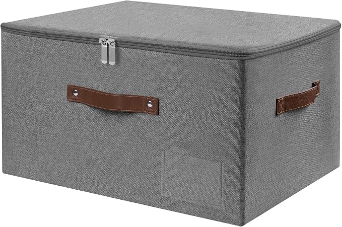 ANMINY Storage Bins with Zipper Lid Storage Boxes with Label Holder PU Leather Handles Washable Foldable Decorative Lidded Cotton Linen Fabric Cubes Baskets Closet Organizer - Black, Large