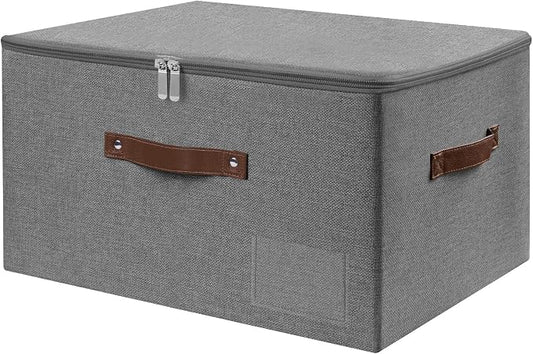 ANMINY Storage Bins with Zipper Lid Storage Boxes with Label Holder PU Leather Handles Washable Foldable Decorative Lidded Cotton Linen Fabric Cubes Baskets Closet Organizer - Black, Large