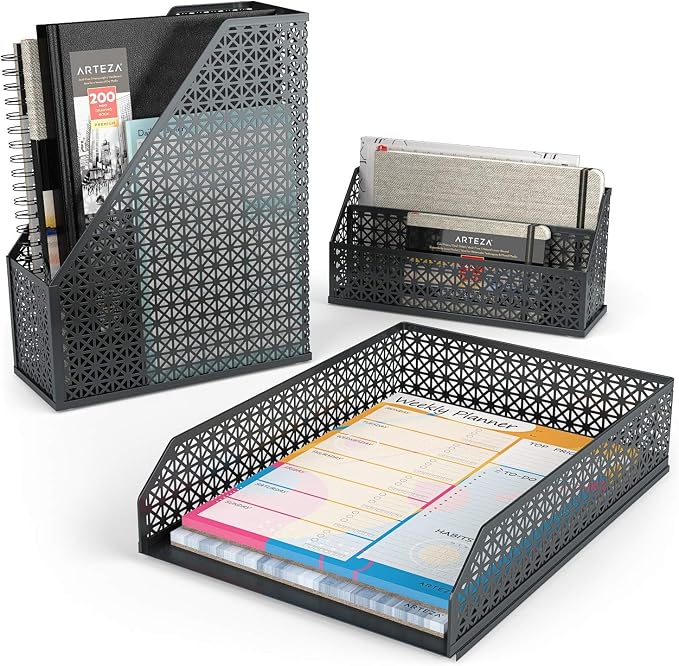 ARTEZA Desk Organizer Set, 6-Piece Dark Gray, Includes Pencil Cup, Letter Sorter, Tray, Magazine Holder, Name Card & Sticky Note Holder