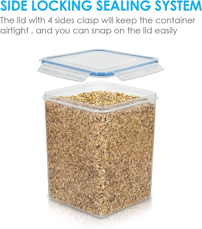 Vtopmart Large Food Storage Containers 5.2L / 175oz, 4 Pieces BPA Free Plastic Airtight Canisters for Flour, Sugar, Baking Supplies, Rice with Lids, 4 Measuring Cups and 24 Labels, Blue