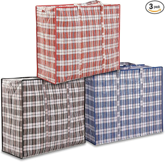 3 Pack 137L Large Moving Bags with Zippers & Handles, Heavy-Duty Tote Storage Bags Closet Organizers Laundry Bag, Dorm Room Essentials College Bags, 27.5" x 11.8" x 25.6", Red/Black/Blue