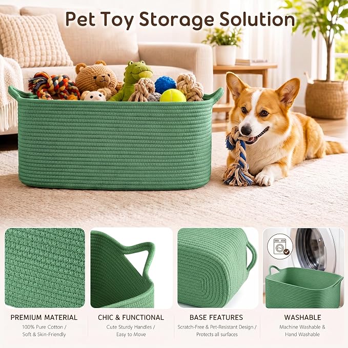 OIASKET Large Empty Cotton Rope Gift Basket with Handles, 16.5"x12.6"x7" Decorative Woven Storage Basket with Gift Bag and Ribbon Set for Baby Shower, Toy Organizer for Kids, Dogs & Cats - Green