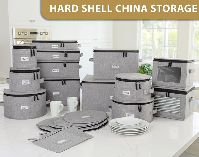 Stack Store Plus More Set of 4 China Storage Cases for Dinnerware - Hard Shell and Stackable - Sizes: 12" - 10" - 8.5" and 7" W - 48 Plate Separators Included