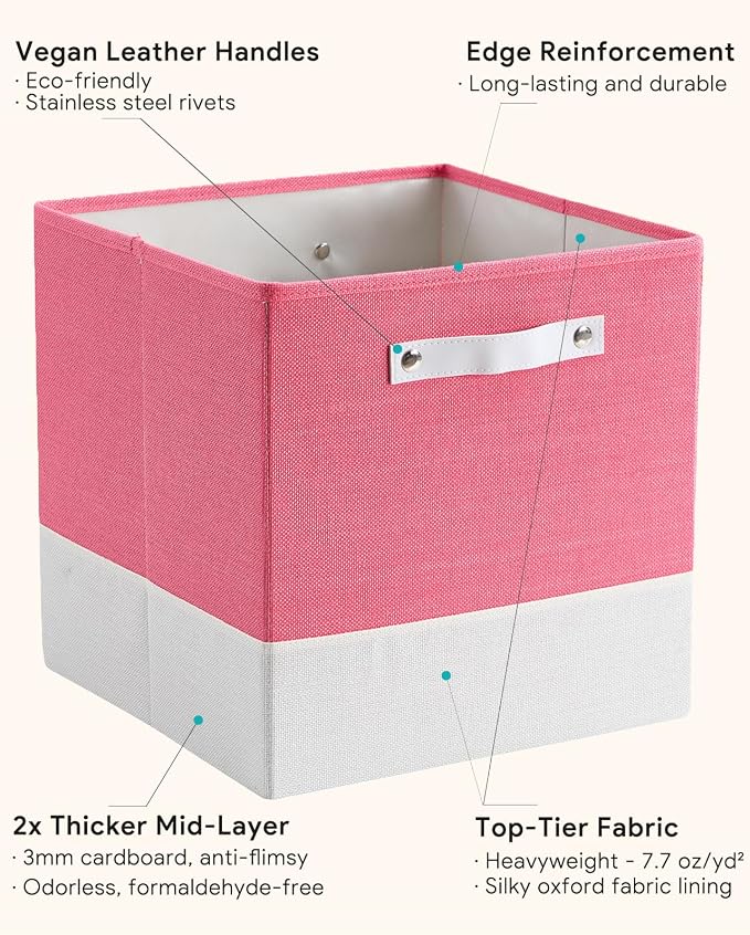 Cube Storage Bins | 10.5"x10.5"x11", Macaron & White, 6 Pack | Multi-Size | 2X Thick Support Board | Vegan Leather Handles | 7.7 oz/yd² Fabric | 11"x11" Drawer Insert Basket