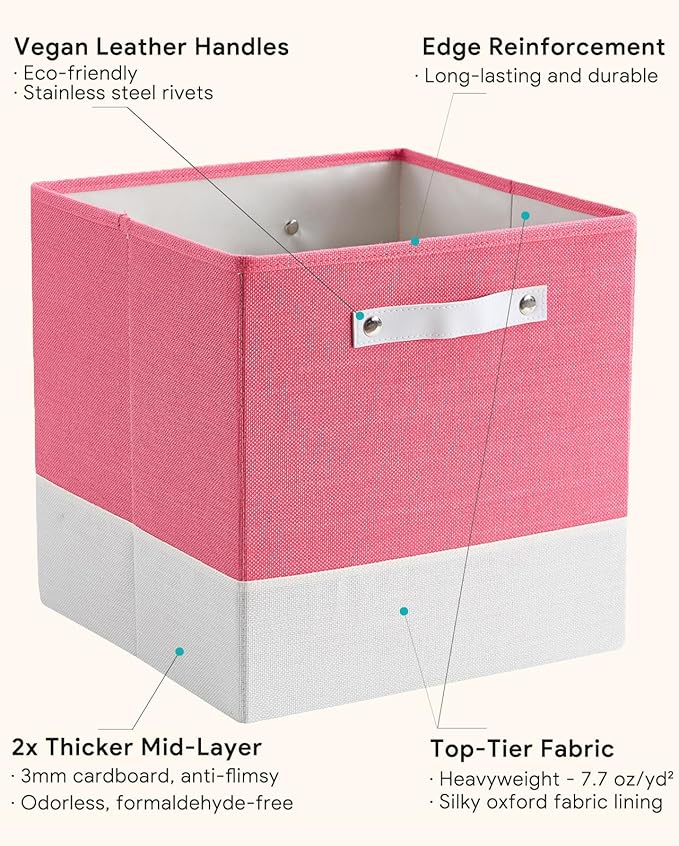 Cube Storage Bins | 13"x13"x13", Macaron & White, 6 Pack | Multi-Size | 2X Thick Support Board | Vegan Leather Handles | 7.7 oz/yd² Fabric | 13"x13" Drawer Insert Basket