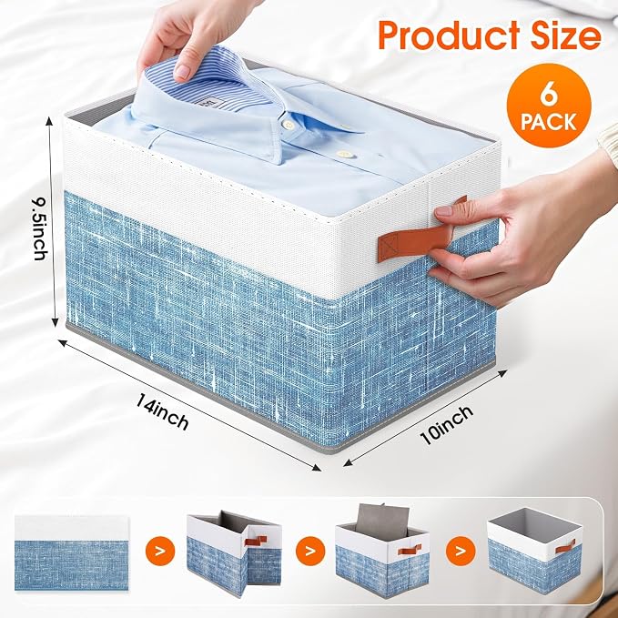 Fab totes Collapsible Storage Baskets for Shelves,14"x10", 6 Pack Foldable Fabric Storage Bins with Double Leather Handles, Large Baskets for Organizing Books, Clothes, White & Blue