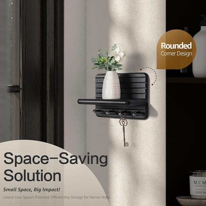 Rebee Vision Small Key Holder Wall Mount for Home Decor – Modern 7-inch Key Rack for Wall with 4 Sturdy Hooks & Mini Floating Shelf - Ideal Home Organization Solution for Small Space (Black)