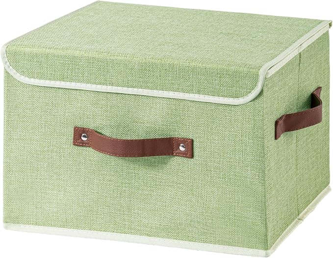 Collapsible Storage Boxes Baskets with Lid Cotton Linen Fabric Storage Bins with Faux Leather Handles Decorative Washable Cube Organizer Container for Home Closet Bedroom (Green, Large Size)