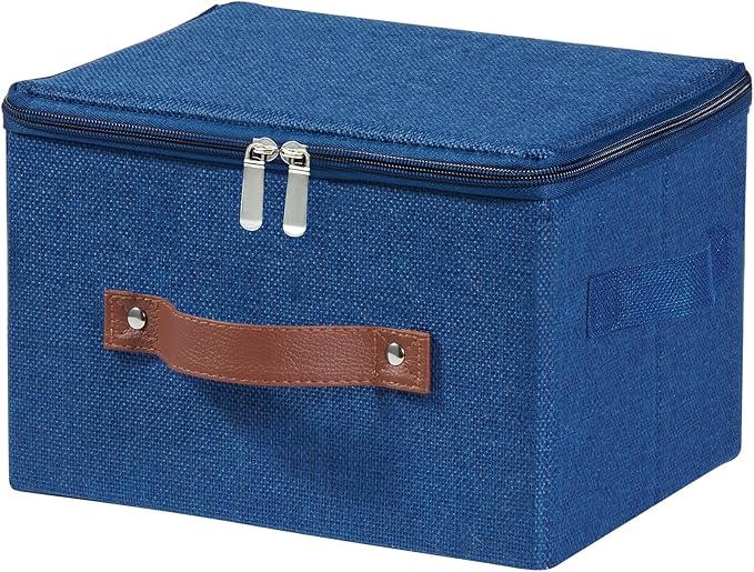 Storage Bins with Zipper Lid Foldable Fabric Lidded Storage Boxes Baskets Cubes Washable Collapsible PU Leather Handle Cotton Linen Shelves Closet Organizer Container(Dark Blue, Small Size)